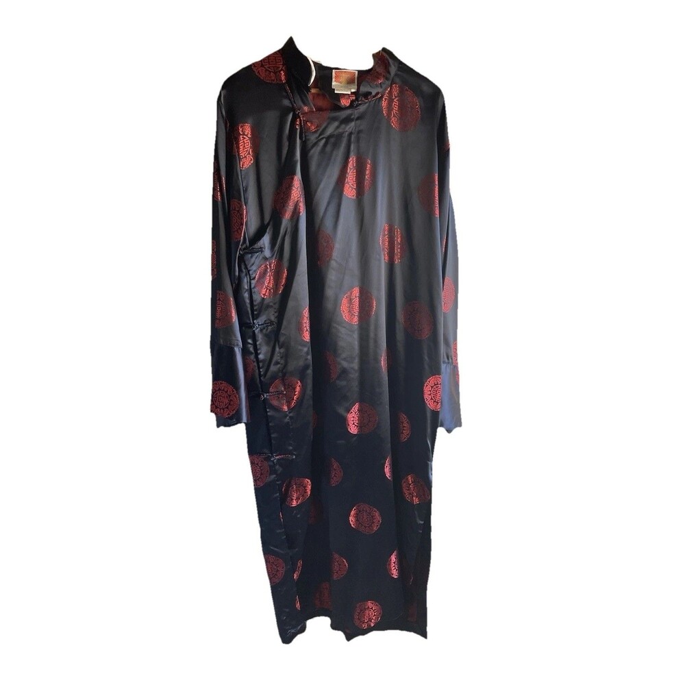 Vintage long black rayon blend satin Chinese Asian Robe dress L